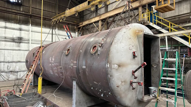 Large pressure vessel shell on the shop floor under the overhead crane