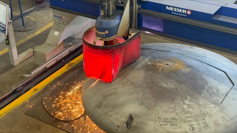 CNC cutting torch burning the doorway in a 3/8 inch dished head for a hyperbaric chamber