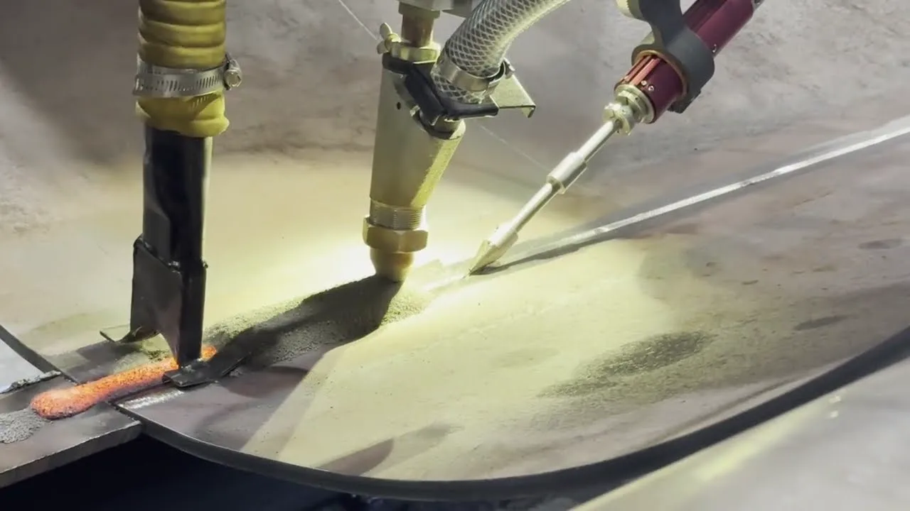 Submerged arc welding head laying a seam on a rolled steel shell, with the flux hopper, flux recovery hose, and the glowing weld bead behind it